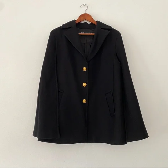 Zara Manteco Wool Blend Black Cape Coat with Gold Buttons women’s size L - Picture 4 of 9
